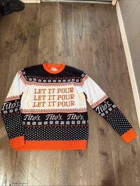 Tito's 'Let It Pour' Men's Crewneck Sweater in Orange, Black & White
